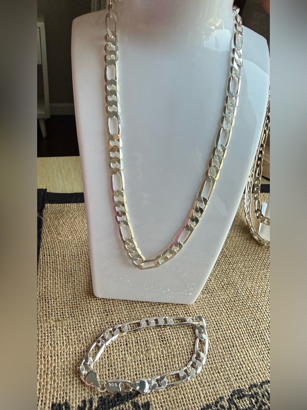 Sterling Silver Figaro Chain Necklace and Bracelet Set - Silver